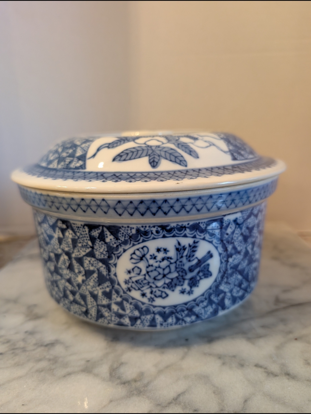 Vintage Blue and White Porcelain Covered Dish